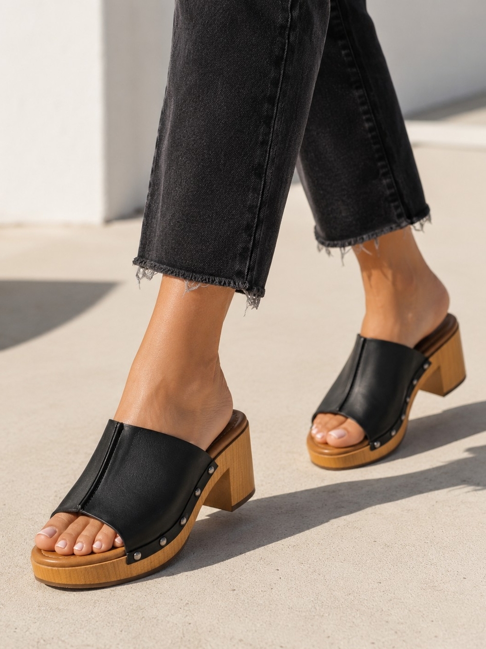 Black Leather Block Heel Clog Mules